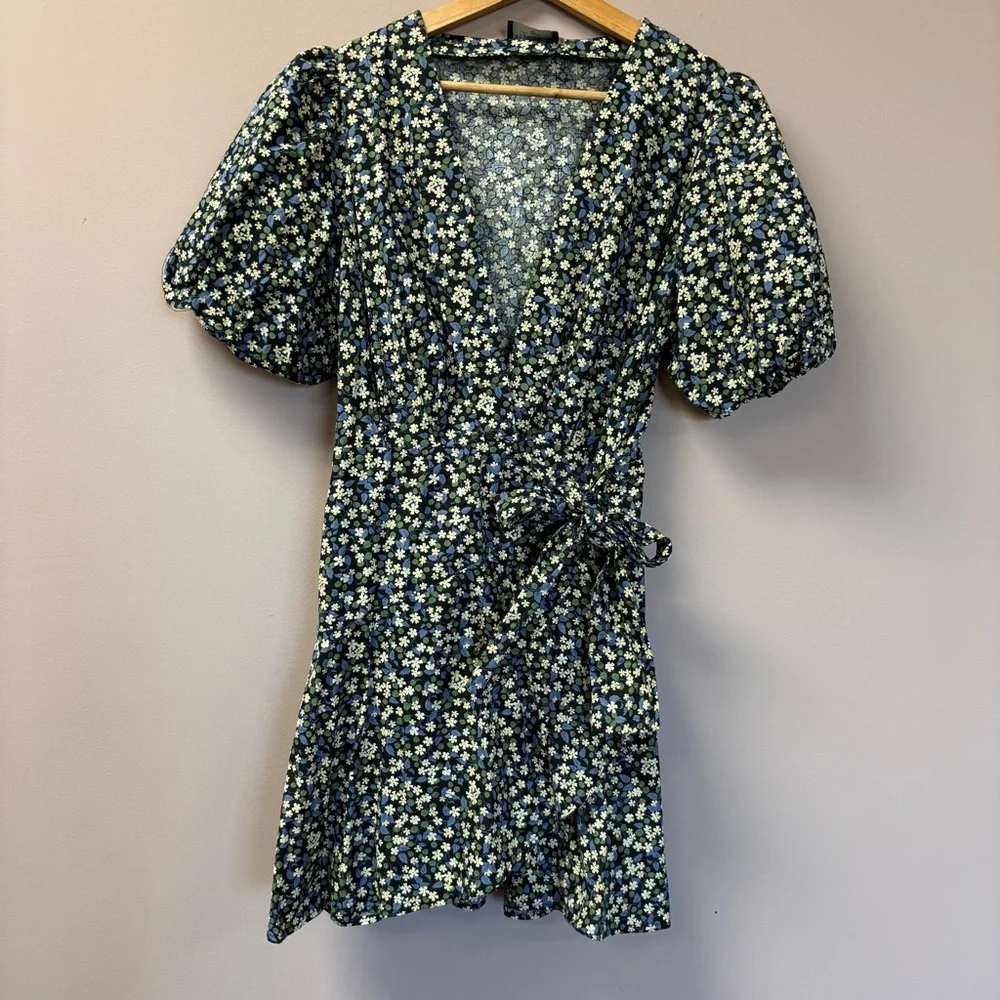 Dress Forum Navy Garden Floral Mini Wrap Dress Puff Sleeve Cottagecore Womens M‎